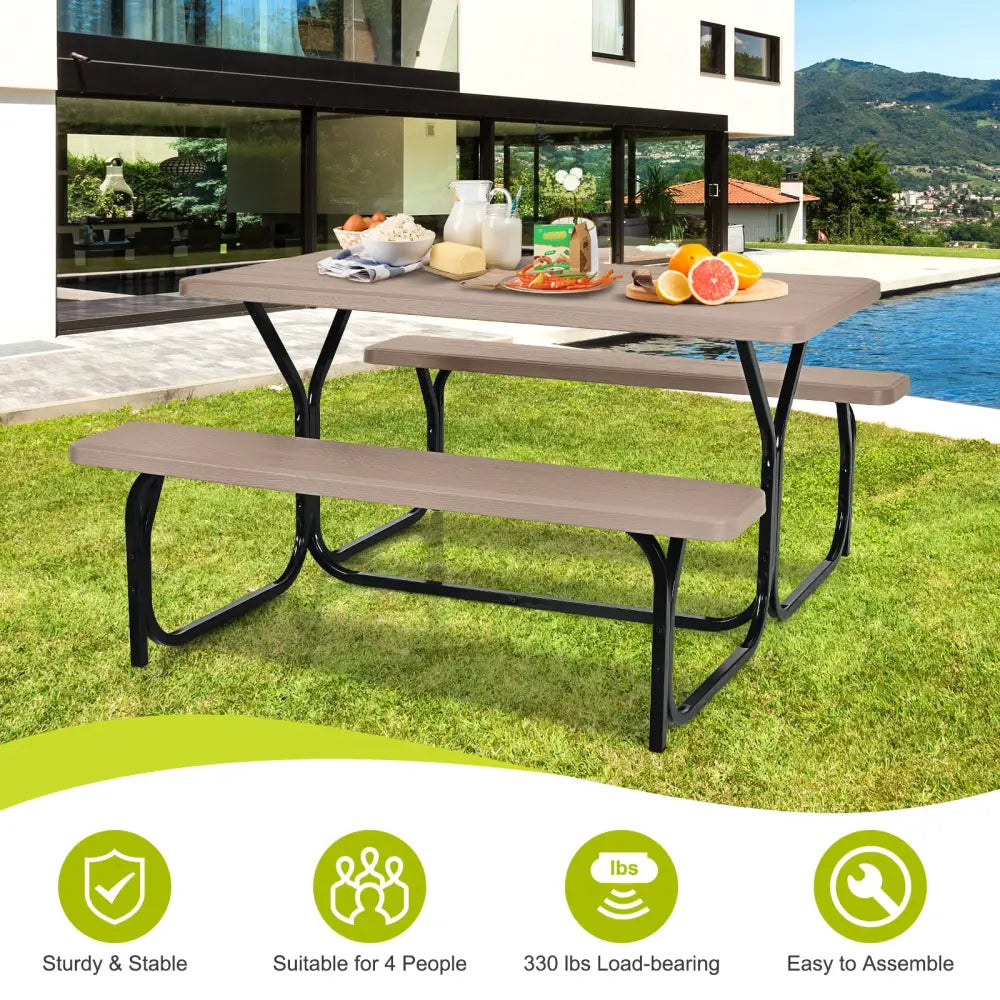 HDPE Outdoor Picnic Table Bench Set with Metal Base-Coffee - Coffee - Picnic Tables