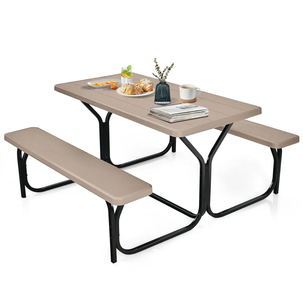 HDPE Outdoor Picnic Table Bench Set with Metal Base-Coffee - Coffee - Picnic Tables