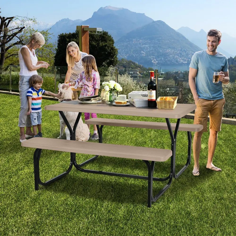 HDPE Outdoor Picnic Table Bench Set with Metal Base-Coffee - Coffee - Picnic Tables