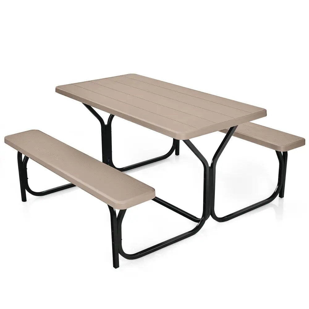 HDPE Outdoor Picnic Table Bench Set with Metal Base-Coffee - Coffee - Picnic Tables