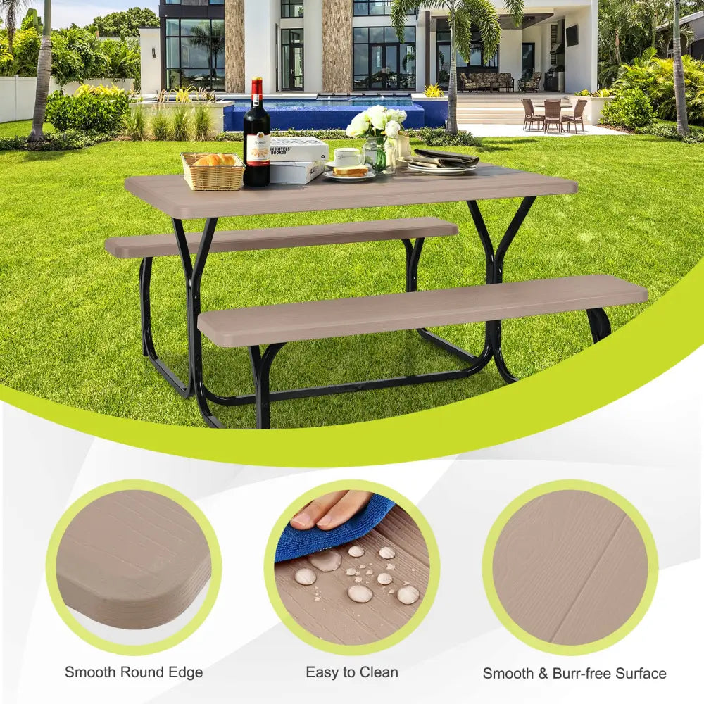 HDPE Outdoor Picnic Table Bench Set with Metal Base-Coffee - Coffee - Picnic Tables