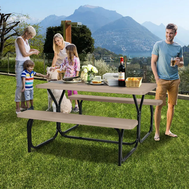 HDPE Outdoor Picnic Table Bench Set with Metal Base-Coffee - Coffee - Picnic Tables