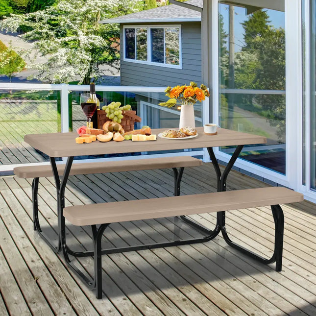 HDPE Outdoor Picnic Table Bench Set with Metal Base-Coffee - Coffee - Picnic Tables