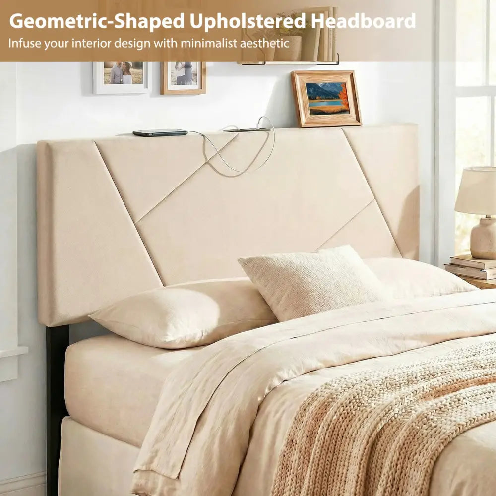 Headboard for Full Size Bed and Queen Geometric Upholstered Head Board-Beige - Beige - Headboards