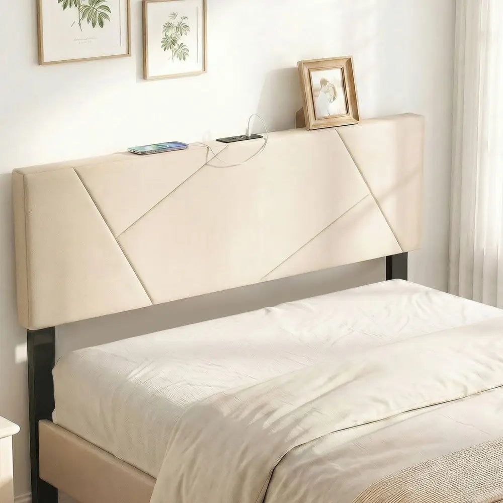 Headboard for Full Size Bed and Queen Geometric Upholstered Head Board-Beige - Beige - Headboards