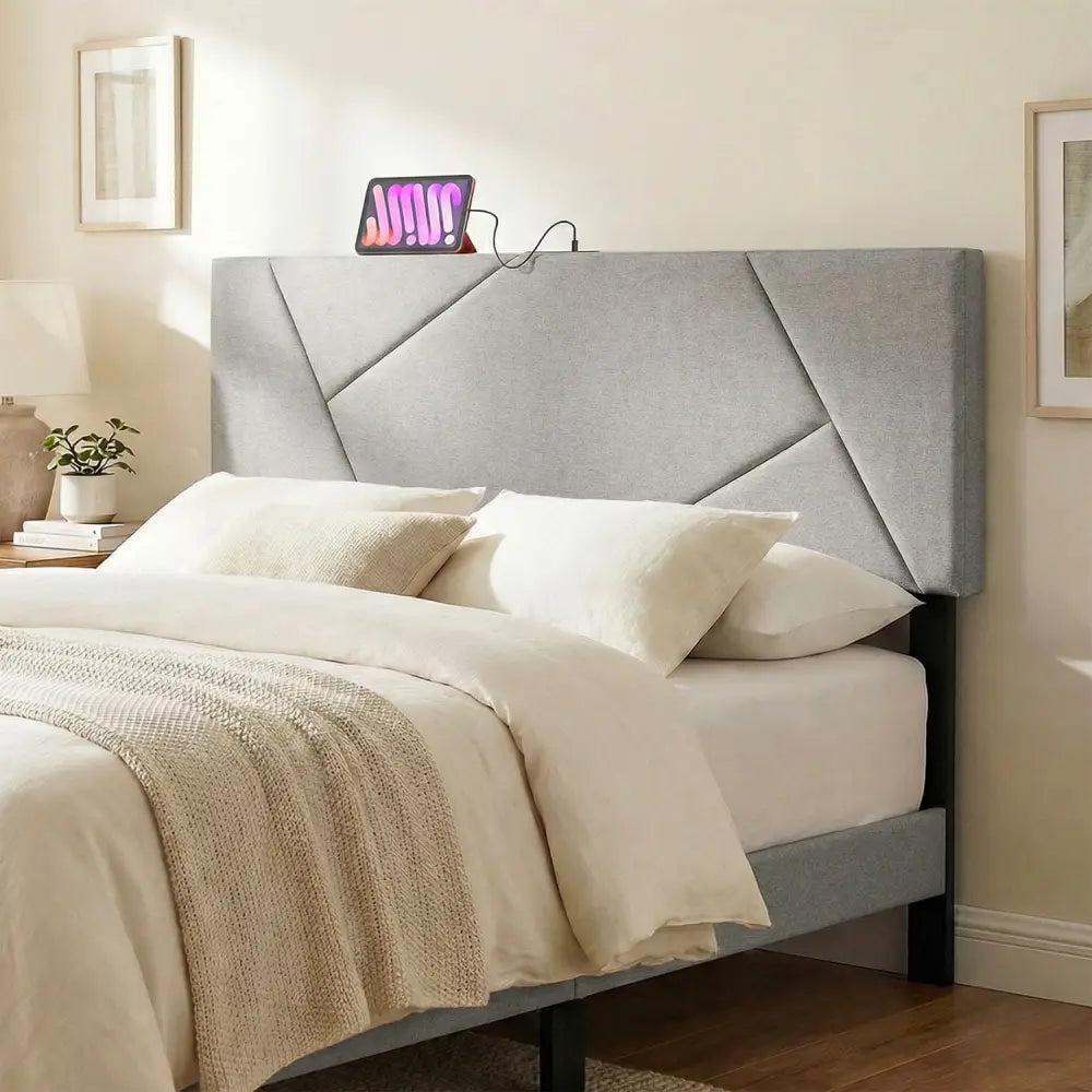 Headboard for Full Size Bed and Queen Geometric Upholstered Head Board-Gray - Gray - Headboards