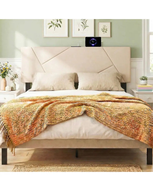 Headboard for Full Size Bed and Queen Geometric Upholstered Head Board-Beige - Beige - Headboards