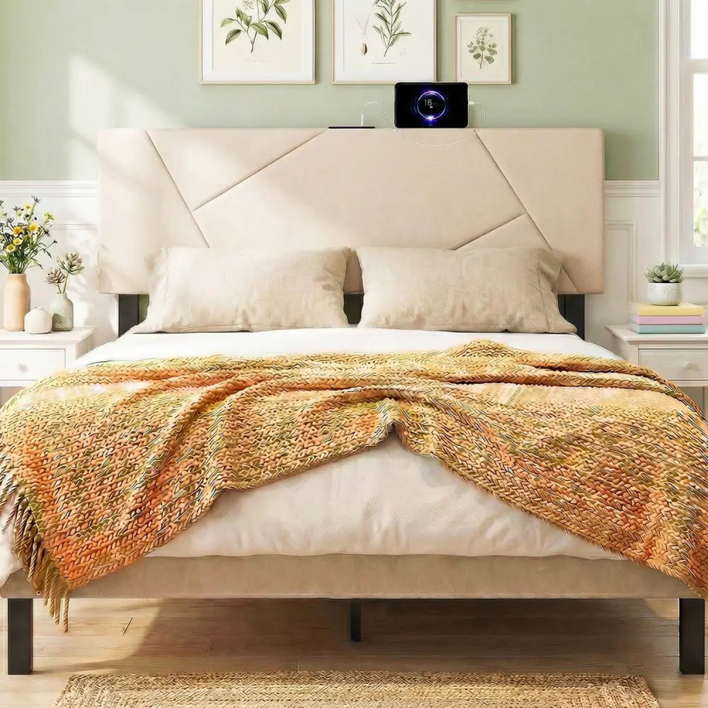 Headboard for Full Size Bed and Queen Geometric Upholstered Head Board-Beige - Beige - Headboards