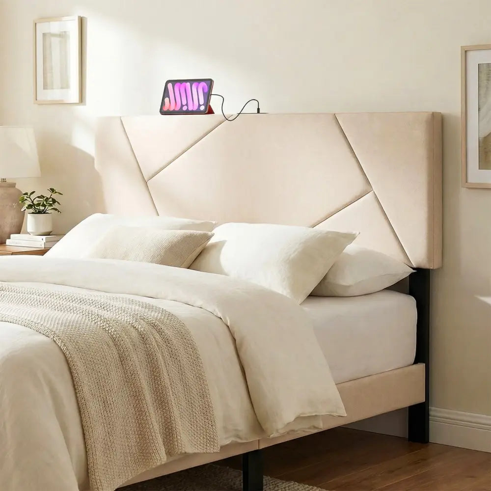 Headboard for Full Size Bed and Queen Geometric Upholstered Head Board-Beige - Beige - Headboards