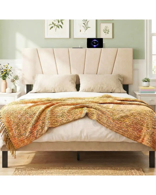 Headboard for Queen and Full Size Bed Geometric Upholstered Head Board-Beige - Beige - Headboards