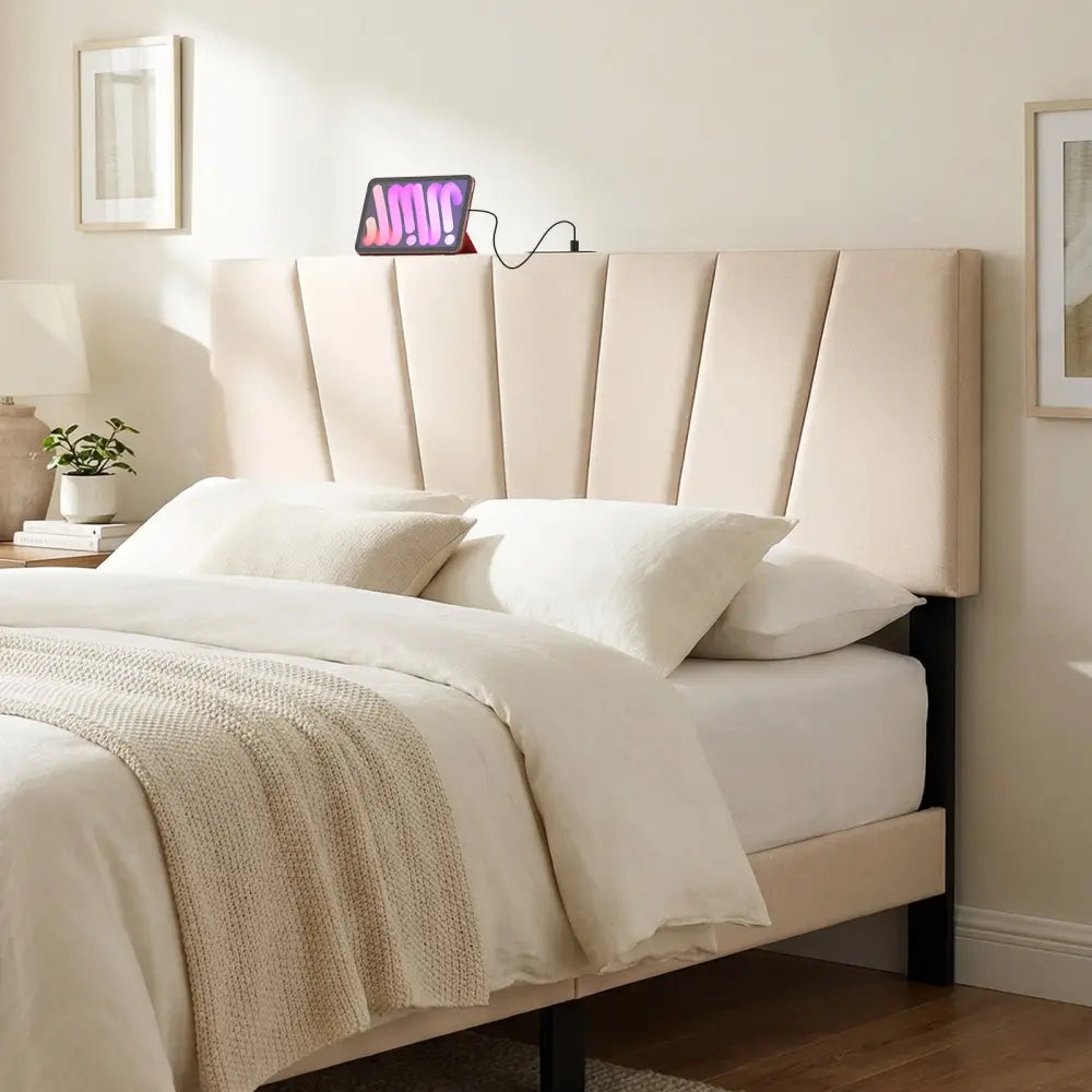 Headboard for Queen and Full Size Bed Geometric Upholstered Head Board-Beige - Beige - Headboards