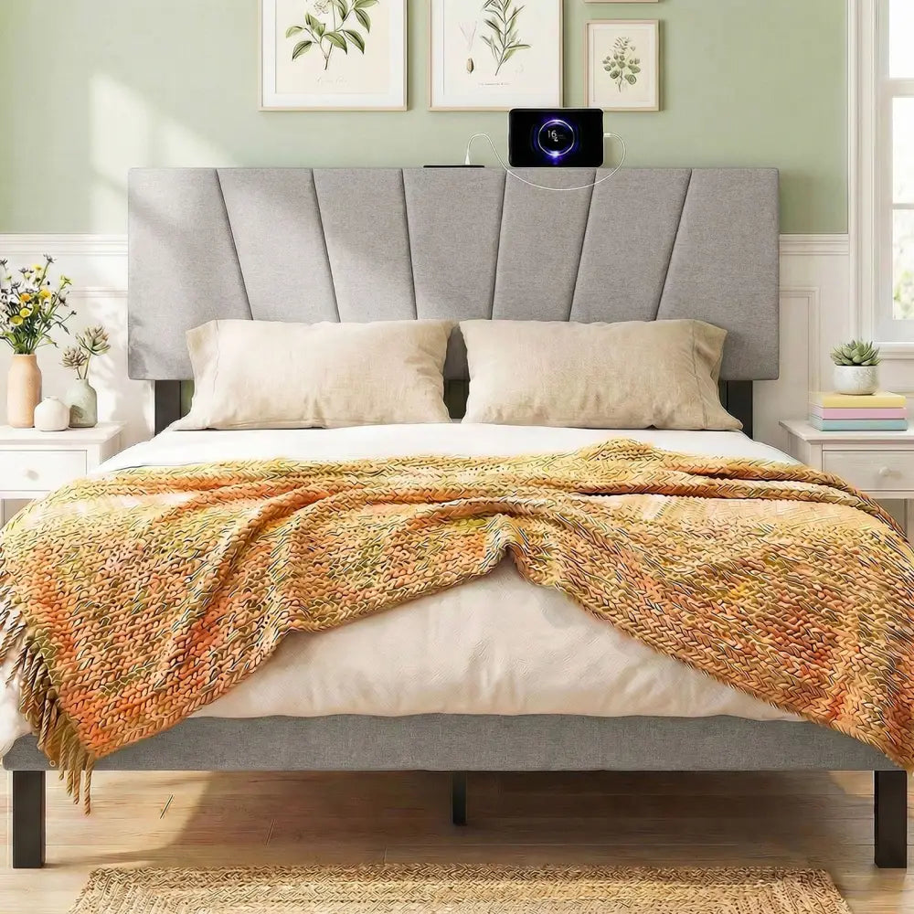 Headboard for Queen and Full Size Bed Geometric Upholstered Head Board-Gray - Gray - Headboards