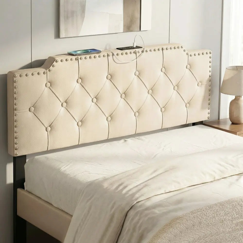 Headboard for Queen and Full Size Bed Rivet Tufted Upholstered Head Board-Beige - Beige - Headboards