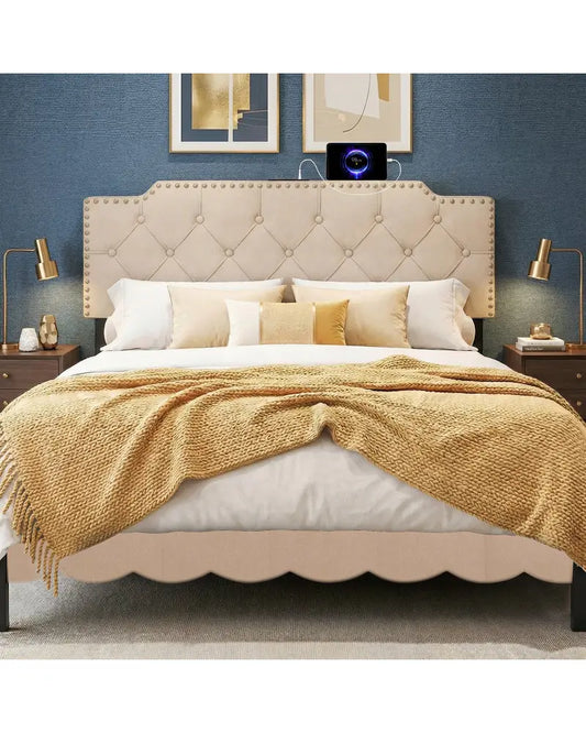 Headboard for Queen and Full Size Bed Rivet Tufted Upholstered Head Board-Beige - Beige - Headboards