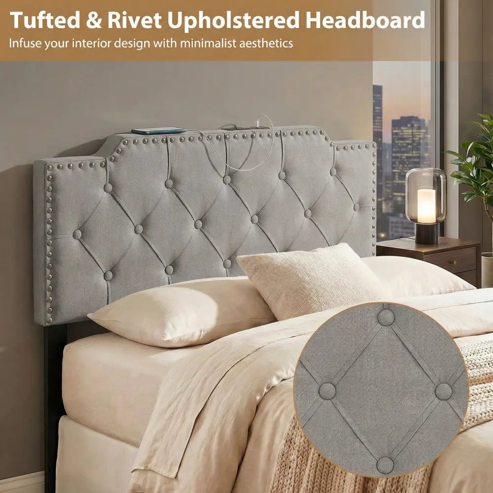 Headboard for Queen and Full Size Bed Rivet Tufted Upholstered Head Board-Gray - Gray - Headboards