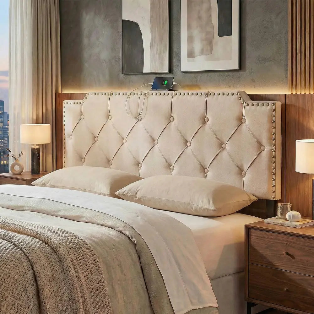 Headboard for Queen and Full Size Bed Rivet Tufted Upholstered Head Board-Beige - Beige - Headboards