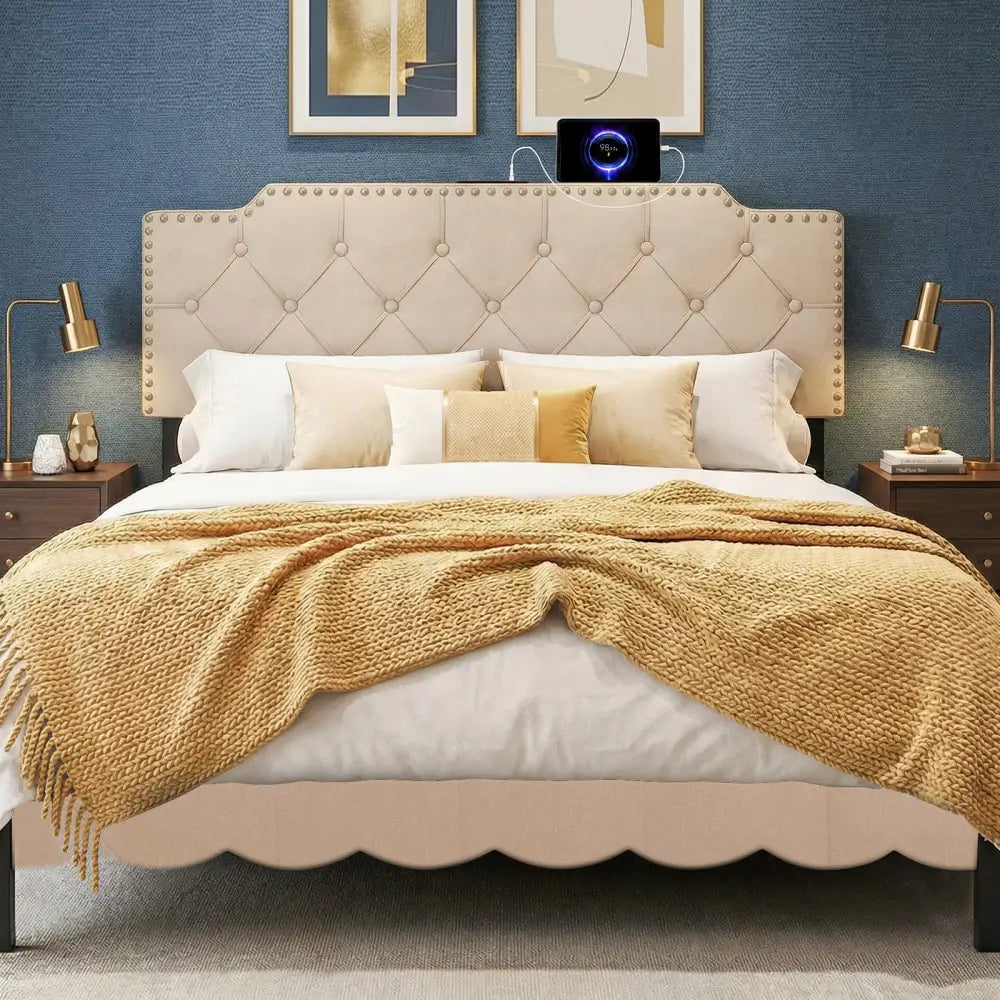 Headboard for Queen and Full Size Bed Rivet Tufted Upholstered Head Board-Beige - Beige - Headboards