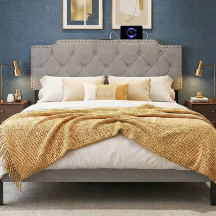 Headboard for Queen and Full Size Bed Rivet Tufted Upholstered Head Board-Gray - Gray - Headboards