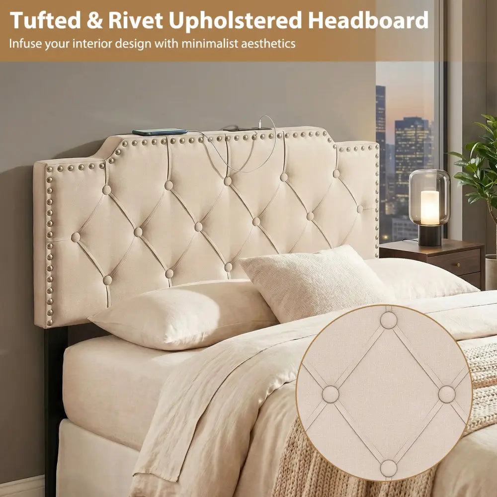 Headboard for Queen and Full Size Bed Rivet Tufted Upholstered Head Board-Beige - Beige - Headboards