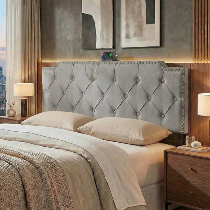 Headboard for Queen and Full Size Bed Rivet Tufted Upholstered Head Board-Gray - Gray - Headboards