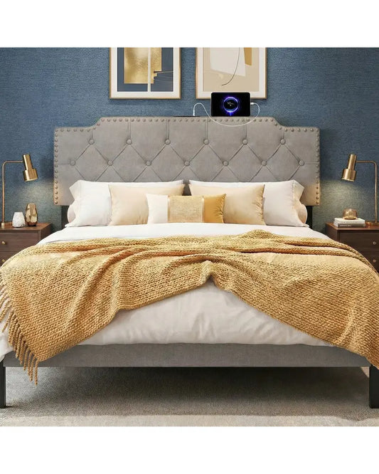 Headboard for Queen and Full Size Bed Rivet Tufted Upholstered Head Board-Gray - Gray - Headboards