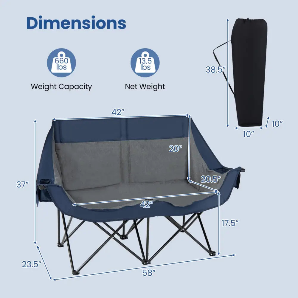 Heated Double Camping Chair with 4 Heating Zones and Wine Glass Holders-Navy - Navy - Camping Furniture