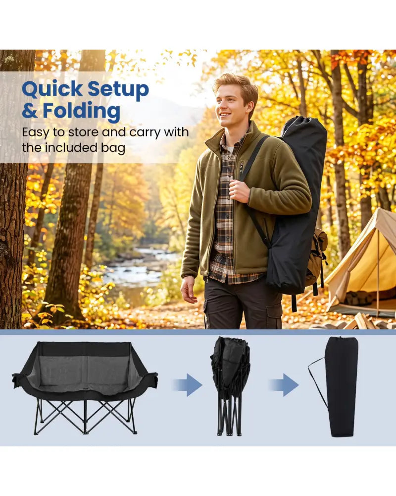 Heated Double Camping Chair with 4 Heating Zones and Wine Glass Holders-Black - Black - Camping Furniture