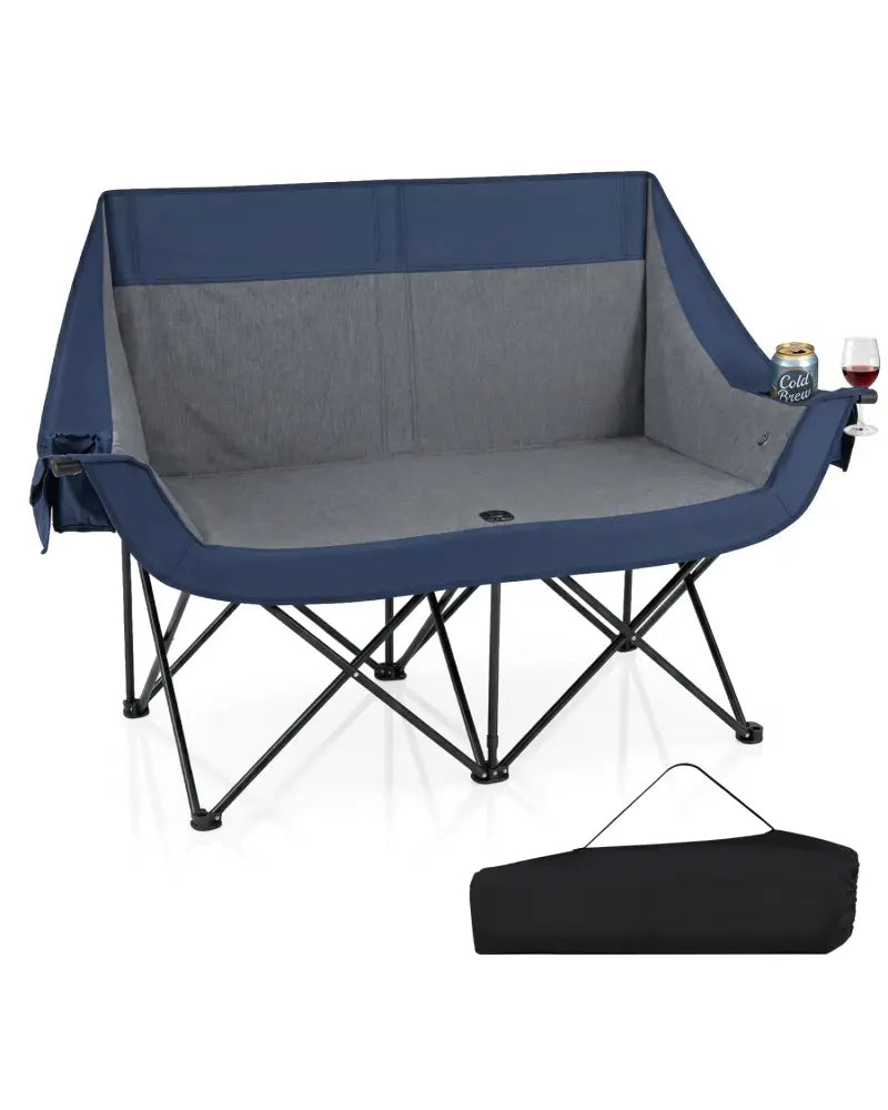 Heated Double Camping Chair with 4 Heating Zones and Wine Glass Holders-Navy - Navy - Camping Furniture