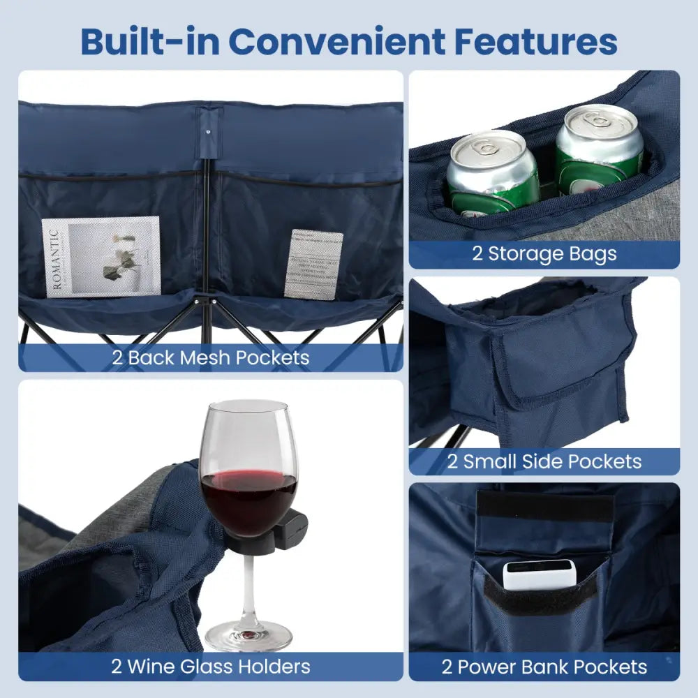 Heated Double Camping Chair with 4 Heating Zones and Wine Glass Holders-Navy - Navy - Camping Furniture