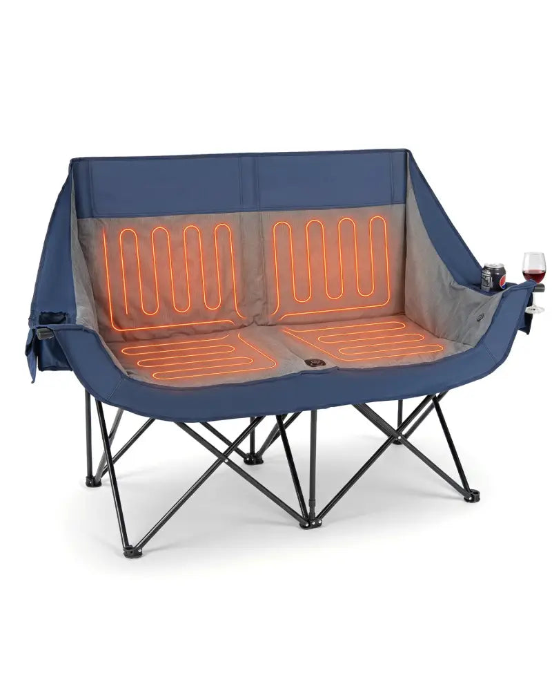 Heated Double Camping Chair with 4 Heating Zones and Wine Glass Holders-Navy - Navy - Camping Furniture