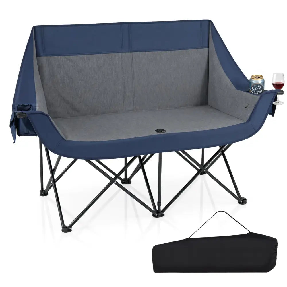 Heated Double Camping Chair with 4 Heating Zones and Wine Glass Holders-Navy - Navy - Camping Furniture
