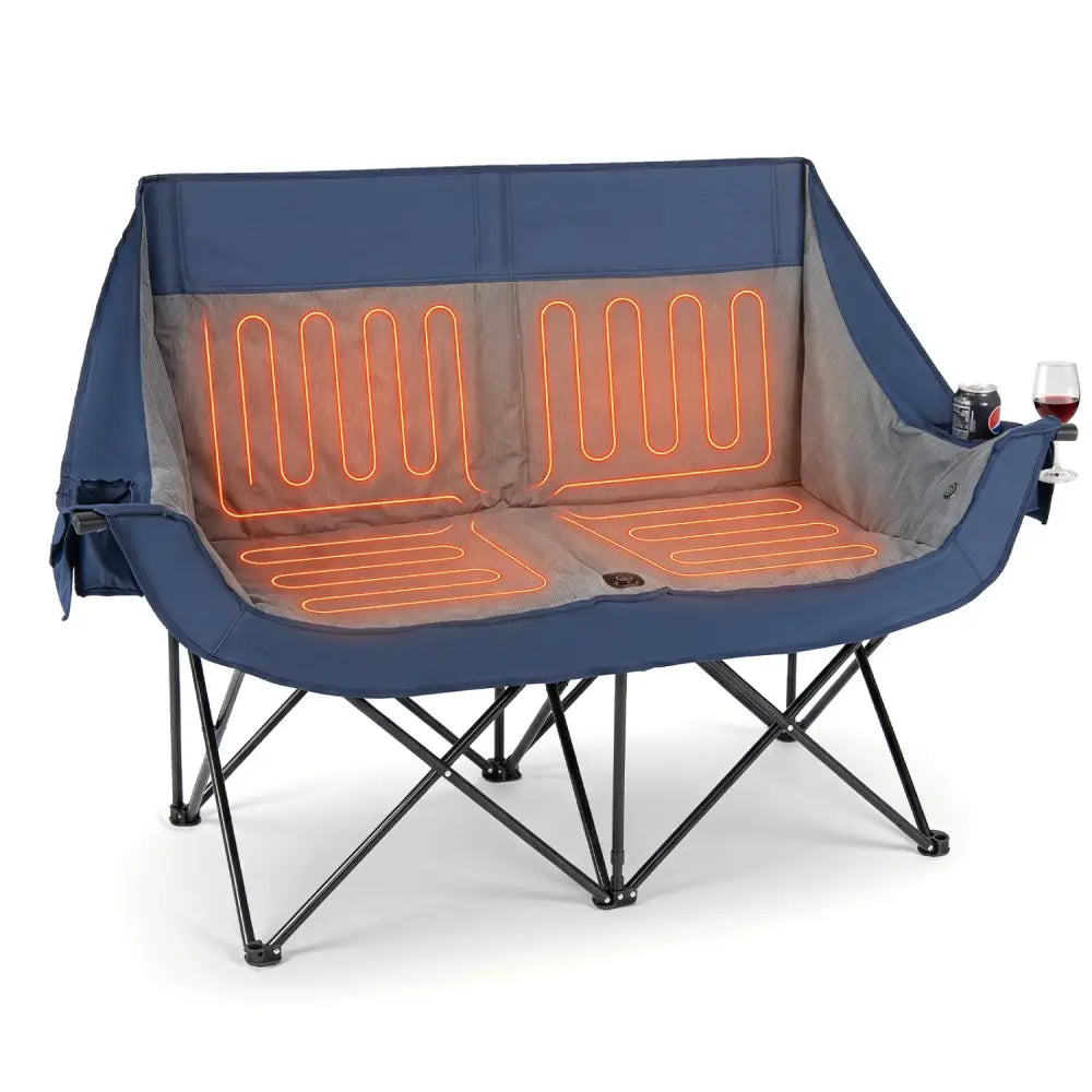Heated Double Camping Chair with 4 Heating Zones and Wine Glass Holders-Navy - Navy - Camping Furniture
