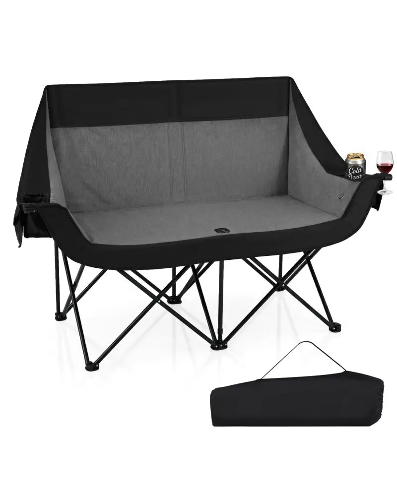 Heated Double Camping Chair with 4 Heating Zones and Wine Glass Holders-Black - Black - Camping Furniture