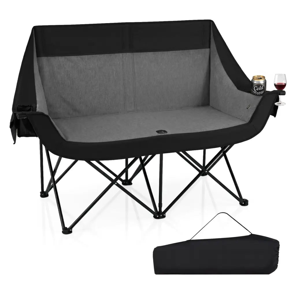 Heated Double Camping Chair with 4 Heating Zones and Wine Glass Holders-Black - Black - Camping Furniture