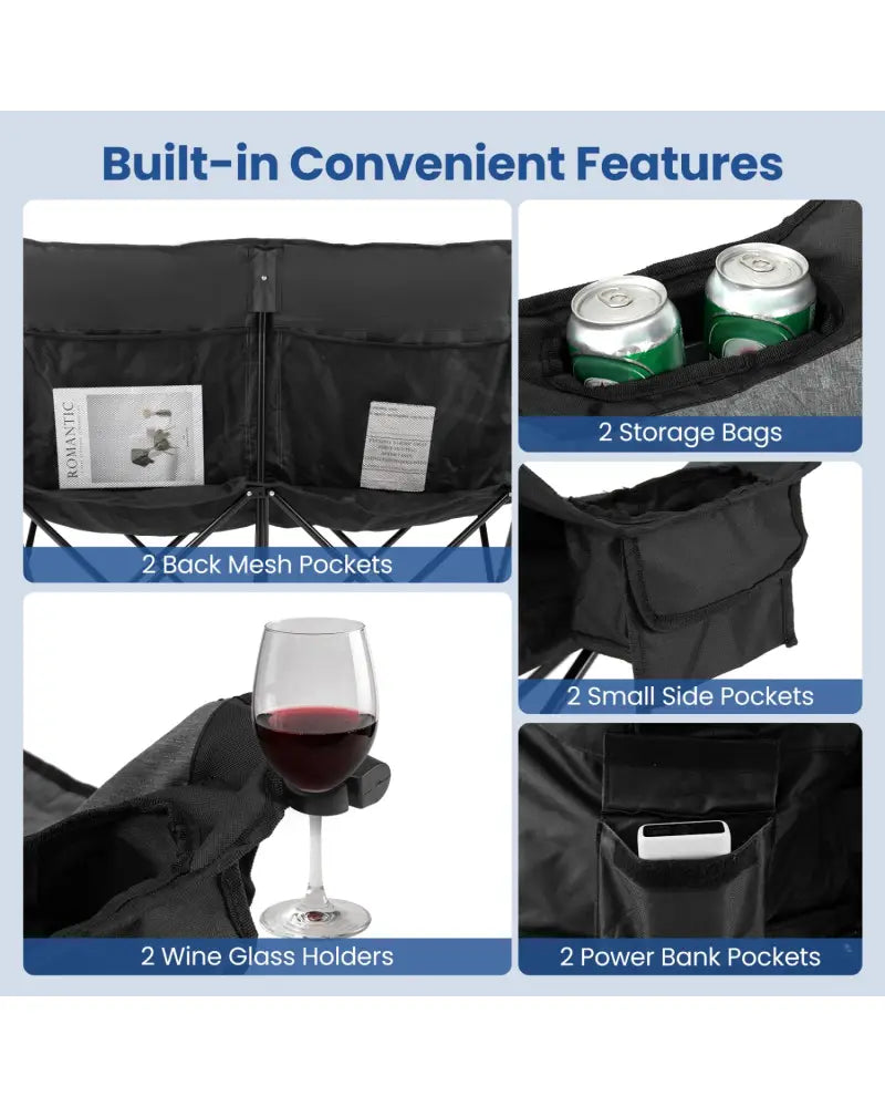 Heated Double Camping Chair with 4 Heating Zones and Wine Glass Holders-Black - Black - Camping Furniture