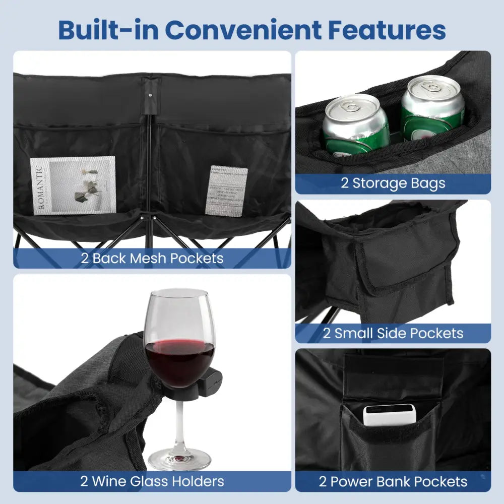 Heated Double Camping Chair with 4 Heating Zones and Wine Glass Holders-Black - Black - Camping Furniture