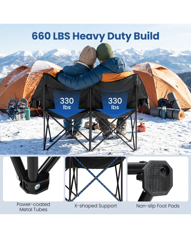 Heated Double Camping Chair with 4 Heating Zones and Wine Glass Holders-Black - Black - Camping Furniture