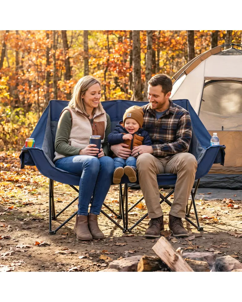 Heated Double Camping Chair with 4 Heating Zones and Wine Glass Holders-Navy - Navy - Camping Furniture