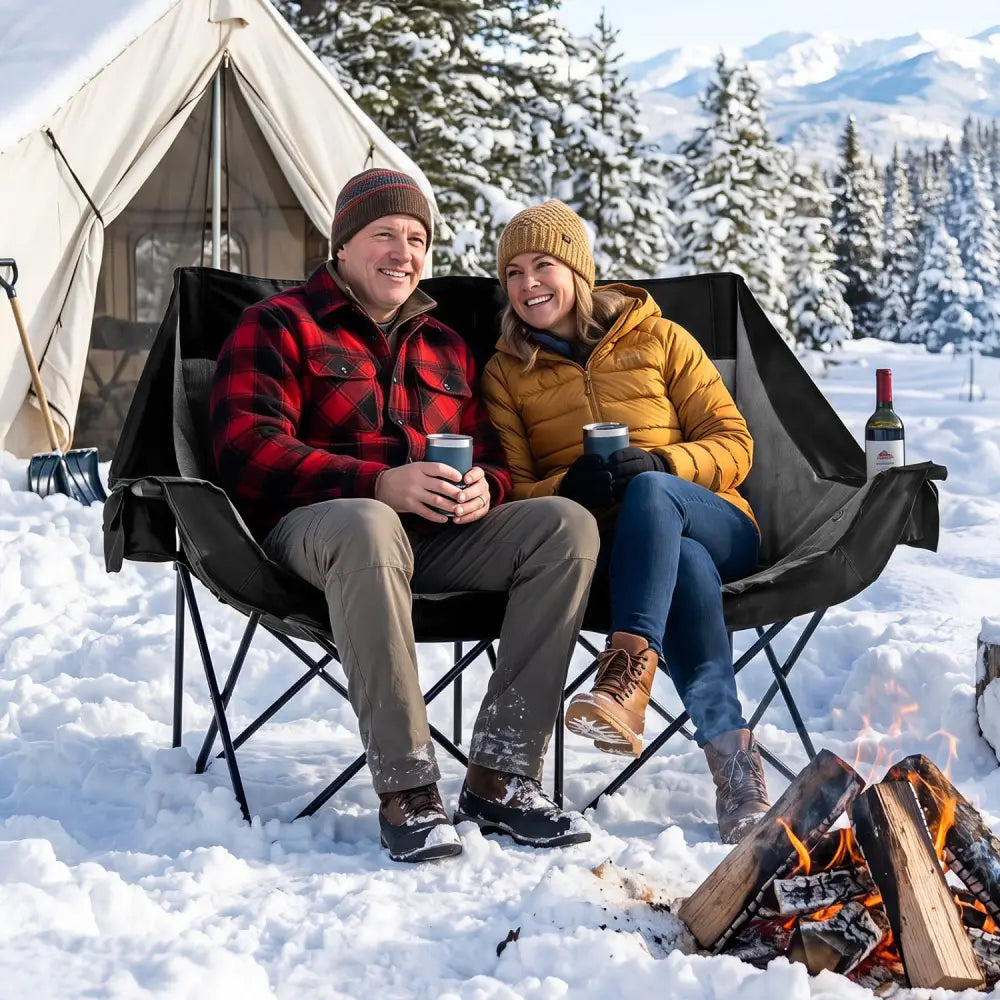 Heated Double Camping Chair with 4 Heating Zones and Wine Glass Holders-Black - Black - Camping Furniture