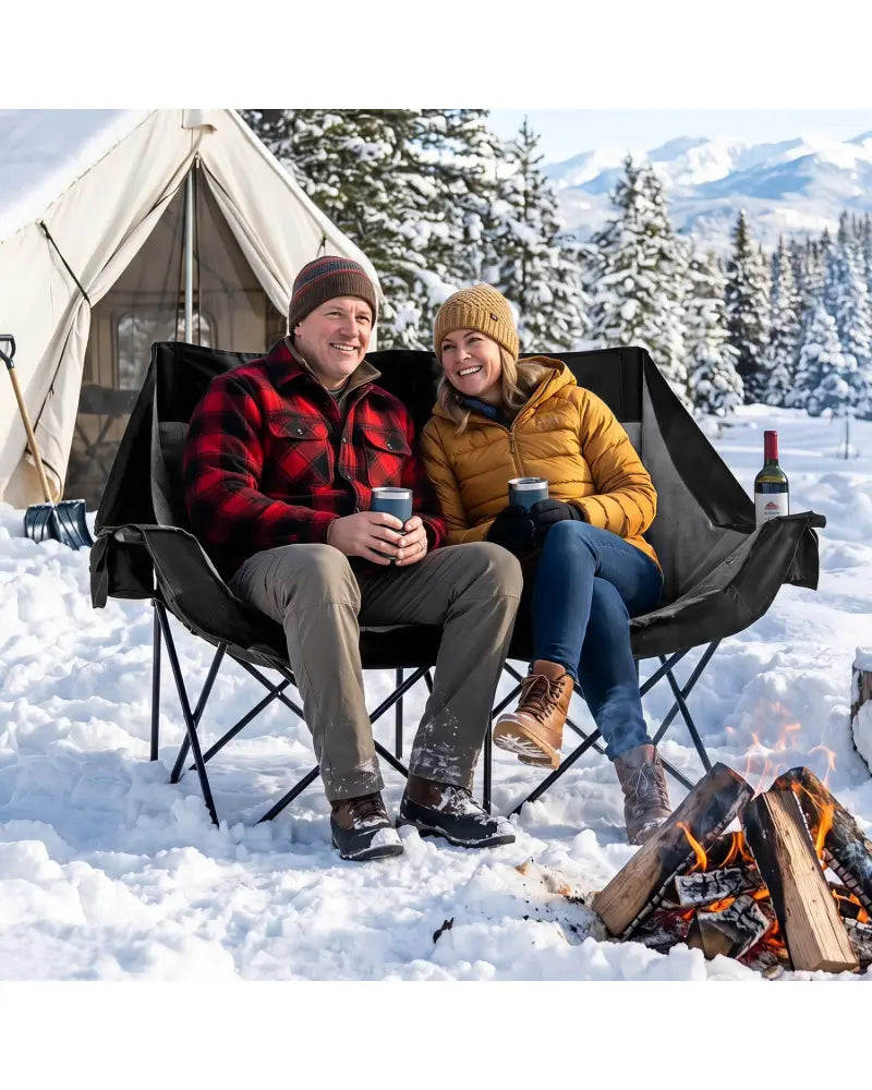 Heated Double Camping Chair with 4 Heating Zones and Wine Glass Holders-Black - Black - Camping Furniture