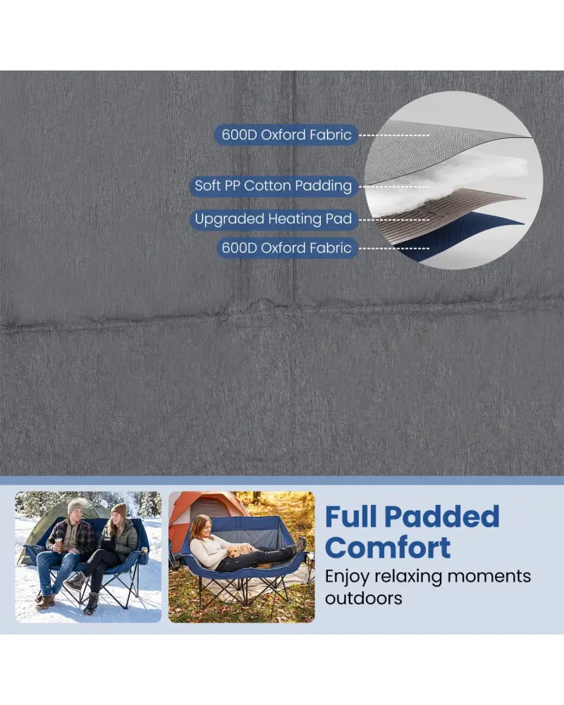 Heated Double Camping Chair with 4 Heating Zones and Wine Glass Holders-Navy - Navy - Camping Furniture
