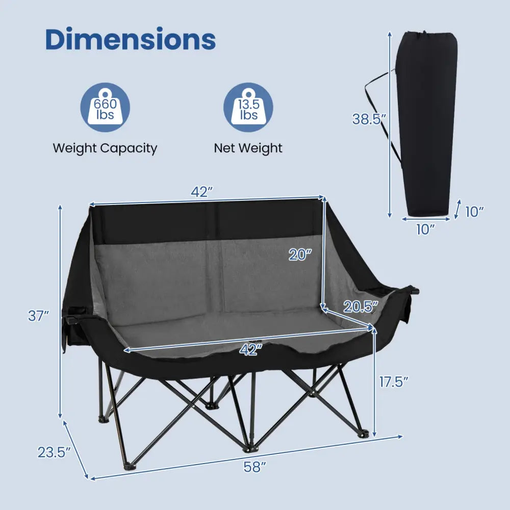 Heated Double Camping Chair with 4 Heating Zones and Wine Glass Holders-Black - Black - Camping Furniture
