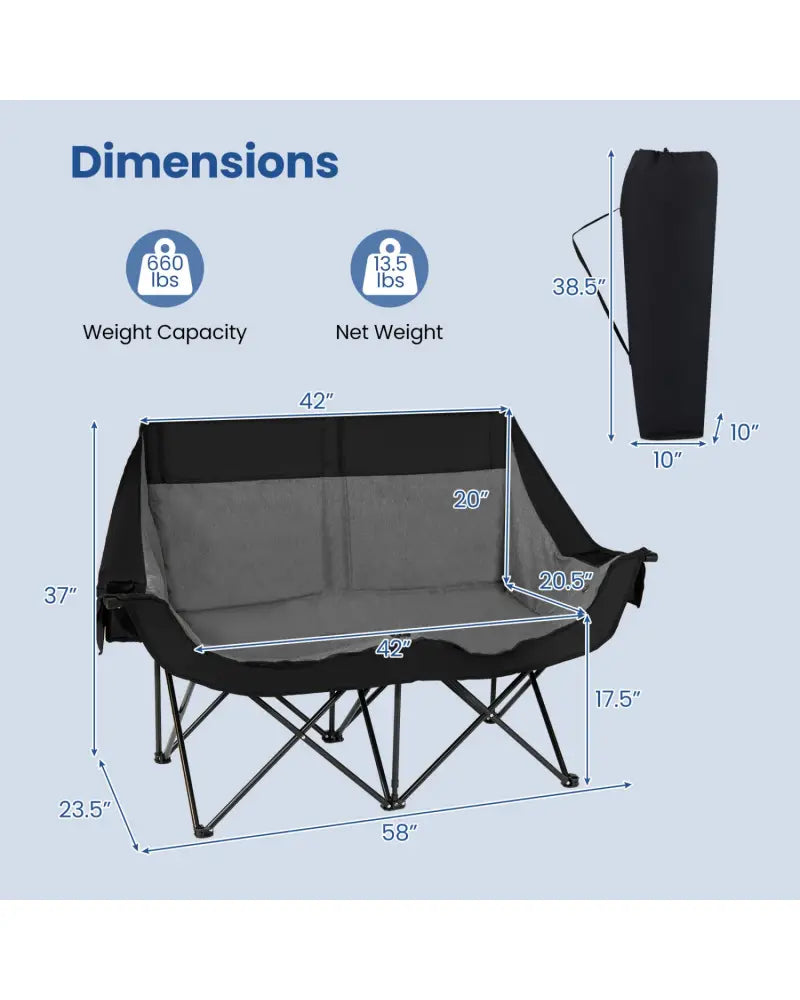 Heated Double Camping Chair with 4 Heating Zones and Wine Glass Holders-Black - Black - Camping Furniture