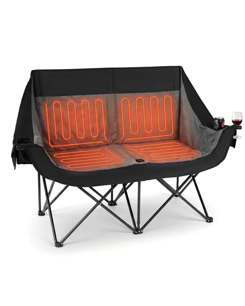 Heated Double Camping Chair with 4 Heating Zones and Wine Glass Holders-Black - Black - Camping Furniture