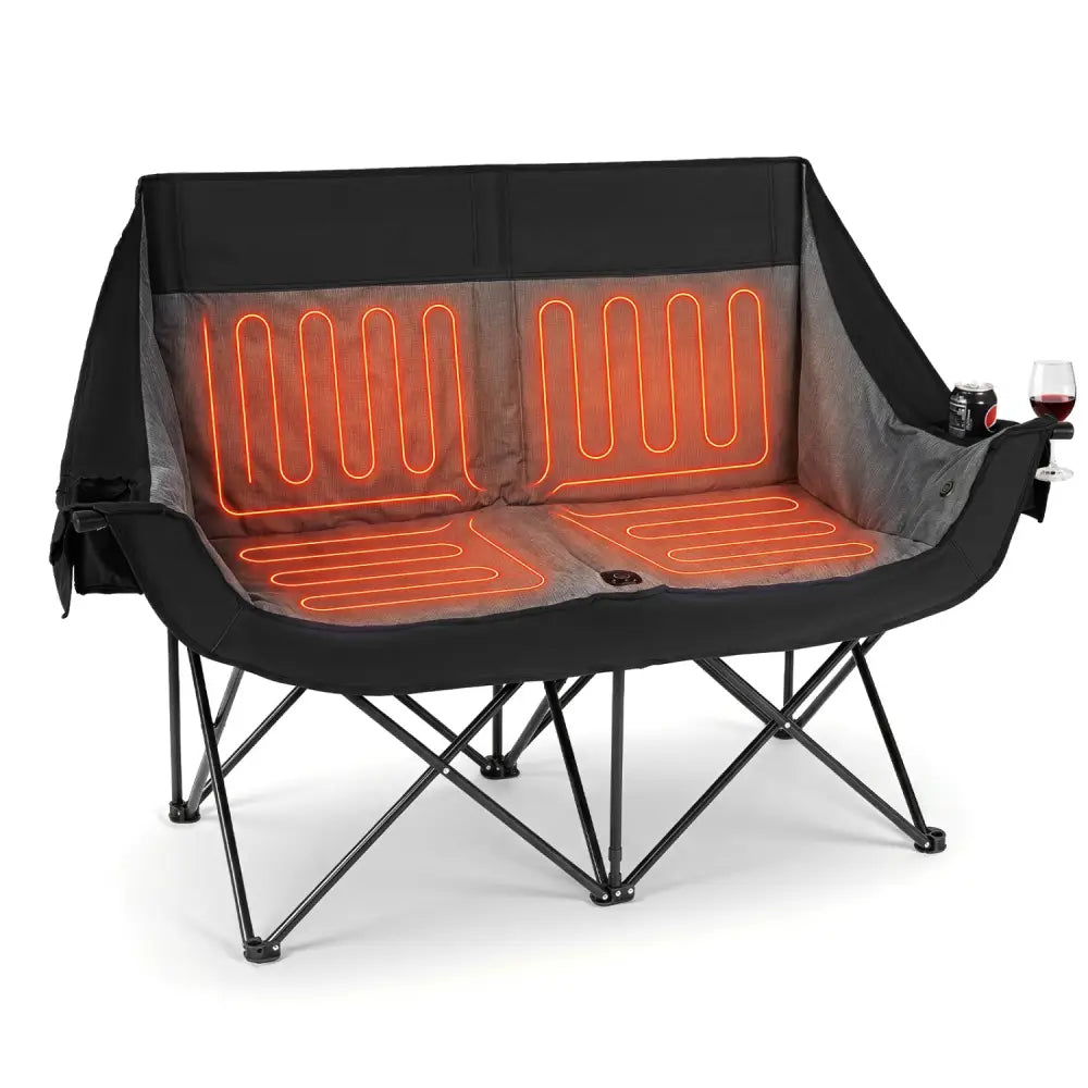 Heated Double Camping Chair with 4 Heating Zones and Wine Glass Holders-Black - Black - Camping Furniture