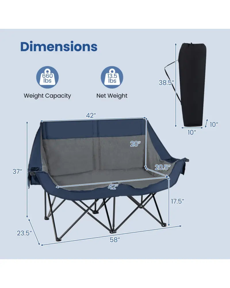Heated Double Camping Chair with 4 Heating Zones and Wine Glass Holders-Navy - Navy - Camping Furniture