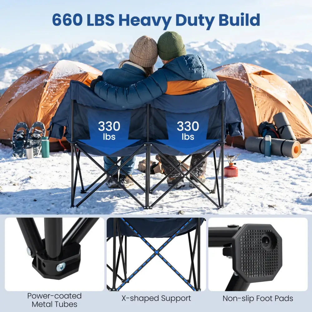 Heated Double Camping Chair with 4 Heating Zones and Wine Glass Holders-Navy - Navy - Camping Furniture