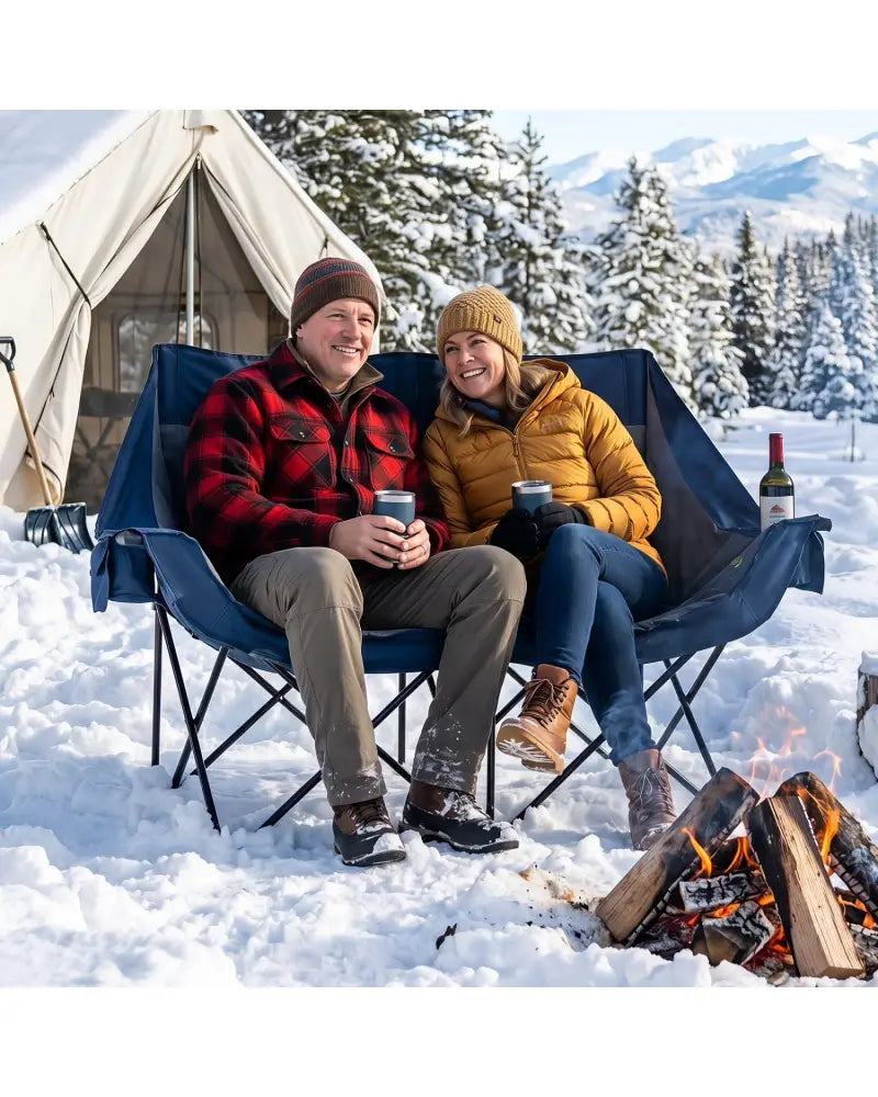 Heated Double Camping Chair with 4 Heating Zones and Wine Glass Holders-Navy - Navy - Camping Furniture