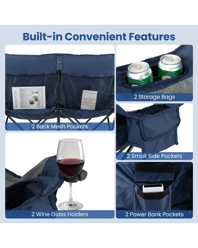 Heated Double Camping Chair with 4 Heating Zones and Wine Glass Holders-Navy - Navy - Camping Furniture