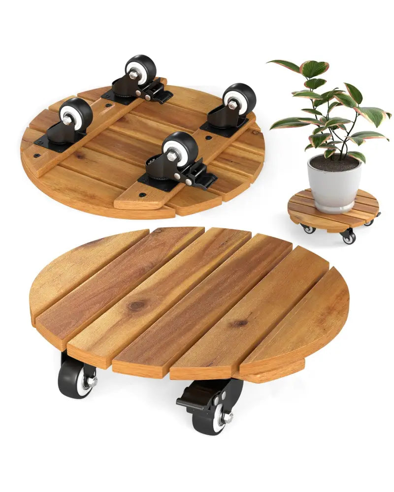 Heavy Duty Acacia Wood Rolling Plant Stand with 360° Lockable Casters-Set of 2 - Plant Stands